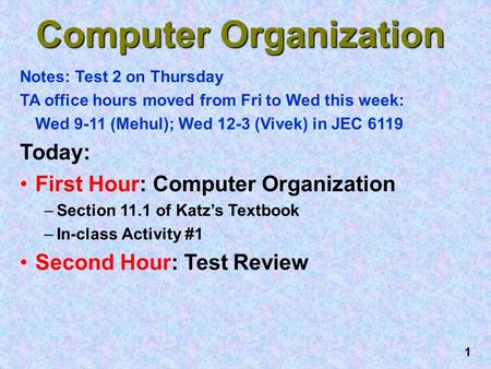 1 Computer Organization Notes: Test 2 on Thursday TA office hours moved from Fri to Wed this week: Wed 9-11 (Mehul); Wed 12-3 (Vivek) in JEC 6119 Today: