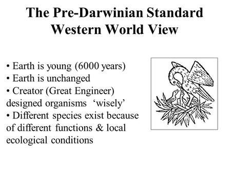 The Pre-Darwinian Standard Western World View Earth is young (6000 years) Earth is unchanged Creator (Great Engineer) designed organisms ‘wisely’ Different.