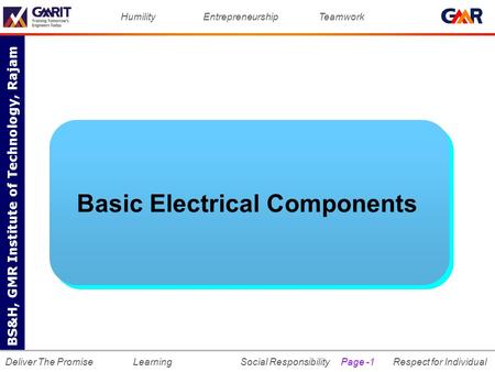 Department of Mechanical Engineering HumilityEntrepreneurshipTeamwork LearningSocial ResponsibilityRespect for Individual Deliver The Promise BS&H, GMR.