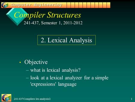 241-437 Compilers: lex analysis/2 1 Compiler Structures Objective – –what is lexical analysis? – –look at a lexical analyzer for a simple 'expressions'