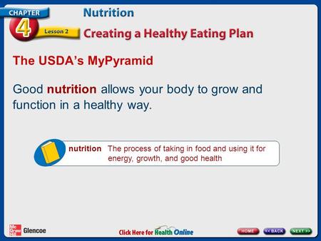 The USDA’s MyPyramid Good nutrition allows your body to grow and function in a healthy way. nutrition The process of taking in food and using it for energy,