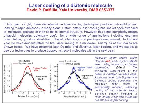 Laser cooling of a diatomic molecule David P. DeMille, Yale University, DMR 0653377 It has been roughly three decades since laser cooling techniques produced.