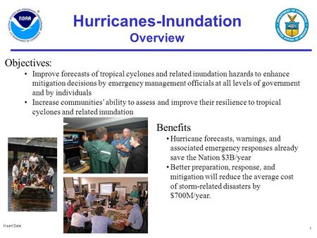 Insert Date 1 Hurricanes-Inundation Overview Objectives: Improve forecasts of tropical cyclones and related inundation hazards to enhance mitigation decisions.