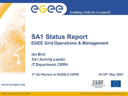 EGEE-II INFSO-RI-031688 Enabling Grids for E-sciencE www.eu-egee.org EGEE and gLite are registered trademarks Ian Bird SA1 Activity Leader IT Department,