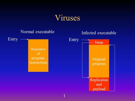 1 Normal executable Infected executable Sequence of program instructions Entry Original program Entry Jump Replication and payload Viruses.