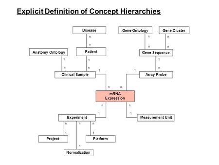 MRNA Expression Experiment Measurement Unit Array Probe Gene Sequence n n 1 1 1 n Clinical Sample Anatomy Ontology n 1 Patient 1 n Disease n n ProjectPlatform.