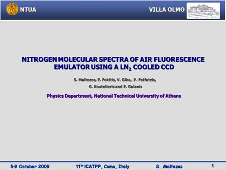 1 5-9 October 200911 th ICATPP, Como, Italy S. Maltezos NITROGEN MOLECULAR SPECTRA OF AIR FLUORESCENCE EMULATOR USING A LN 2 COOLED CCD S. Maltezos, E.