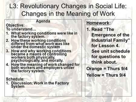 L3: Revolutionary Changes in Social Life: Changes in the Meaning of Work Agenda Objective: To understand… 1.What working conditions were like in the factory.