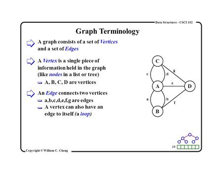 10 Copyright © William C. Cheng Data Structures - CSCI 102 Graph Terminology A graph consists of a set of Vertices and a set of Edges C A B D a c b d e.