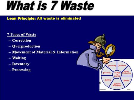 7 Types of Waste –C –Correction –O –Overproduction –M –Movement of Material & Information –W –Waiting –I –Inventory –P –Processing Lean Principle: Lean.