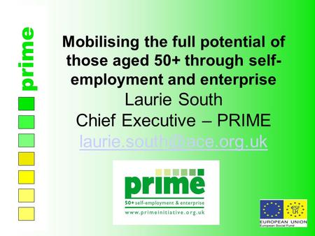 Prime Mobilising the full potential of those aged 50+ through self- employment and enterprise Laurie South Chief Executive – PRIME