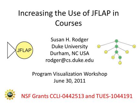 Increasing the Use of JFLAP in Courses Susan H. Rodger Duke University Durham, NC USA Program Visualization Workshop June 30, 2011 NSF.