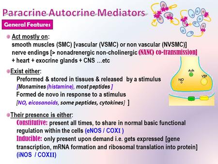 General Features Act mostly on: smooth muscles (SMC) [vascular (VSMC) or non vascular (NVSMC)] nerve endings [> nonadrenergic non-cholinergic (NANC) co-transmission]