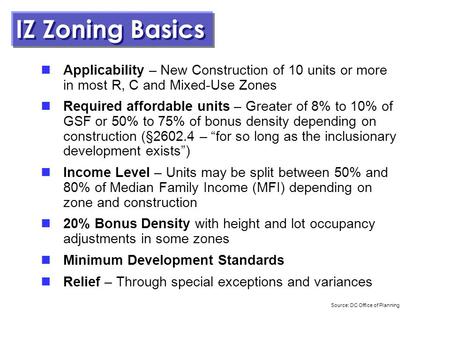 1 February 26, 2013 IZ Zoning Basics Applicability – New Construction of 10 units or more in most R, C and Mixed-Use Zones Required affordable units –