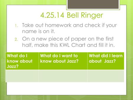 4.25.14 Bell Ringer 1. Take out homework and check if your name is on it. 2. On a new piece of paper on the first half, make this KWL Chart and fill it.