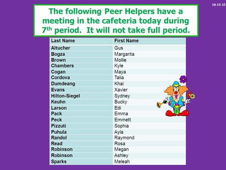 The following Peer Helpers have a meeting in the cafeteria today during 7 th period. It will not take full period. Last NameFirst Name AltucherGus BogzaMargarita.