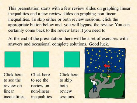 This presentation starts with a few review slides on graphing linear inequalities and a few review slides on graphing non-linear inequalities. To skip.