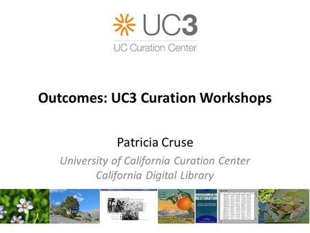 Outcomes: UC3 Curation Workshops Patricia Cruse University of California Curation Center California Digital Library.