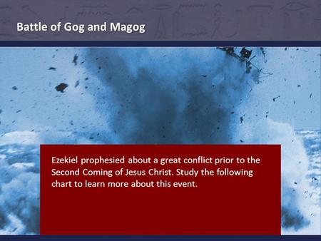 Ezekiel prophesied about a great conflict prior to the Second Coming of Jesus Christ. Study the following chart to learn more about this event. Battle.