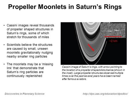 Discoveries in Planetary Sciencehttp://dps.aas.org/education/dpsdisc/ Propeller Moonlets in Saturn’s Rings Cassini images reveal thousands of propeller.