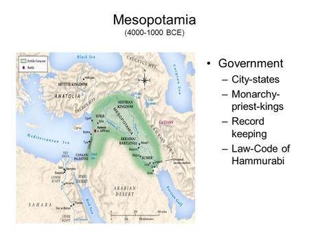 Mesopotamia (4000-1000 BCE) Government –City-states –Monarchy- priest-kings –Record keeping –Law-Code of Hammurabi.