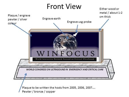 Front View WORLD CONGRESS ON ULTRASOUND IN EMERGENCY AND CRITICAL CARE Plaque / engrave pewter / silver colour Either wood or metal / about 1-2 cm thick.