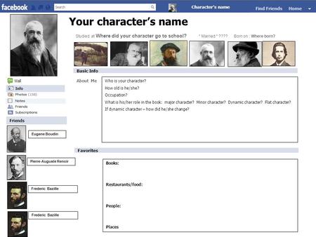 Eugene Boudin Pierre-Auguste Renoir Frederic Bazille Studied at Where did your character go to school? * Married * ???? Born on : Where born? Your character’s.