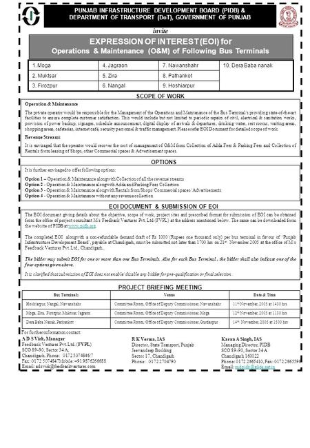 PUNJAB INFRASTRUCTURE DEVELOPMENT BOARD (PIDB) & DEPARTMENT OF TRANSPORT (DoT), GOVERNMENT OF PUNJAB EXPRESSION OF INTEREST (EOI) for Operations & Maintenance.