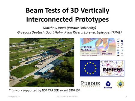 Beam Tests of 3D Vertically Interconnected Prototypes Matthew Jones (Purdue University) Grzegorz Deptuch, Scott Holm, Ryan Rivera, Lorenzo Uplegger (FNAL)