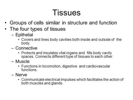 Tissues Groups of cells similar in structure and function