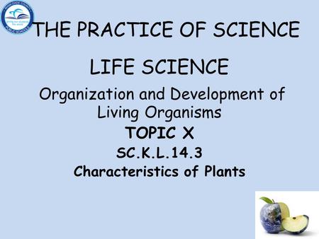 THE PRACTICE OF SCIENCE LIFE SCIENCE Organization and Development of Living Organisms TOPIC X SC.K.L.14.3 Characteristics of Plants.