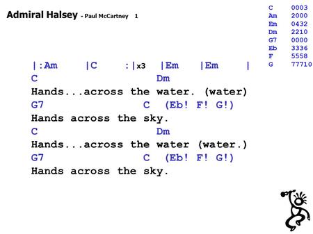 Admiral Halsey - Paul McCartney 1 |:Am |C :| x3 |Em |Em | C Dm Hands...across the water. (water) G7 C (Eb! F! G!) Hands across the sky. C Dm Hands...across.