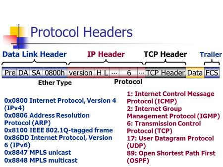 Protocol Headers 0x0800 Internet Protocol, Version 4 (IPv4) 0x0806 Address Resolution Protocol (ARP) 0x8100 IEEE 802.1Q-tagged frame 0x86DD Internet Protocol,