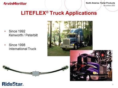 1 North America Trailer Products November 2003 LITEFLEX ® Truck Applications Since 1992 Kenworth / Peterbilt Since 1998 International Truck.