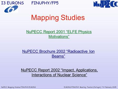 NuPECC Mapping Studies FINUPHY/EURONS I3 EURONSFINUPHY/FP5 EURONS/FINUPHY Meeting, Funchal (Portugal), 7-9 February 2005 NuPECC Report 2002 “Impact, Applications,