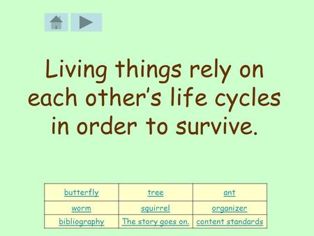 Butterflytreeant wormsquirrelorganizer bibliographyThe story goes on.content standards Living things rely on each other’s life cycles in order to survive.