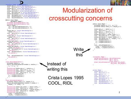 1 Modularization of crosscutting concerns Write this public class Shape { protected double x_= 0.0, y_= 0.0; protected double width_=0.0, height_=0.0;