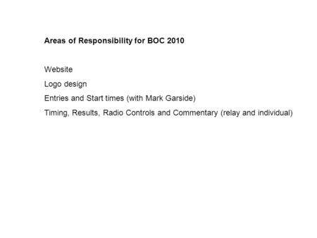 Areas of Responsibility for BOC 2010 Website Logo design Entries and Start times (with Mark Garside) Timing, Results, Radio Controls and Commentary (relay.