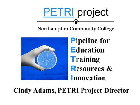 PETRI project P ipeline for E ducation T raining R esources & I nnovation Cindy Adams, PETRI Project Director.