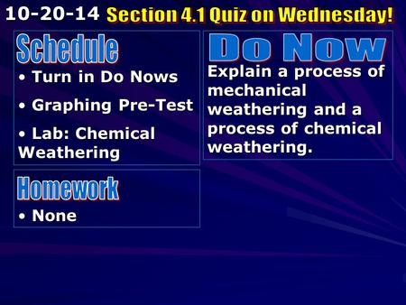 Turn in Do Nows Turn in Do Nows Graphing Pre-Test Graphing Pre-Test Lab: Chemical Weathering Lab: Chemical Weathering Explain a process of mechanical weathering.