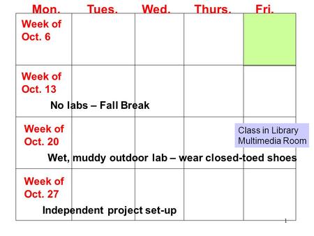 1 Mon. Tues. Wed. Thurs. Fri. Week of Oct. 6 Week of Oct. 13 No labs – Fall Break Week of Oct. 20 Wet, muddy outdoor lab – wear closed-toed shoes Week.