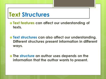 Text Structures  Text features can affect our understanding of texts.  Text structures can also affect our understanding. Different structures present.