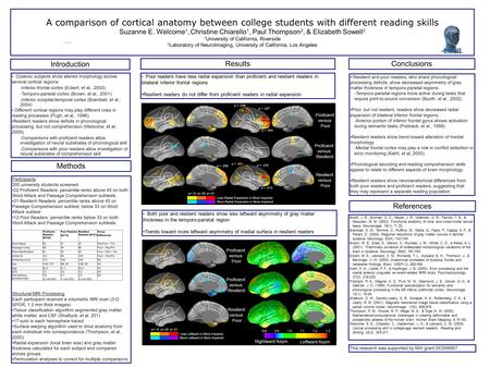 A comparison of cortical anatomy between college students with different reading skills Suzanne E. Welcome 1, Christine Chiarello 1, Paul Thompson 2, &