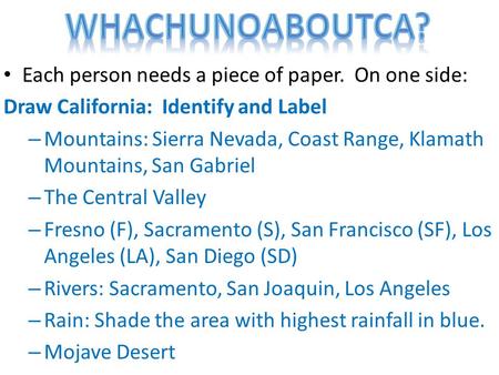 Each person needs a piece of paper. On one side: Draw California: Identify and Label – Mountains: Sierra Nevada, Coast Range, Klamath Mountains, San Gabriel.