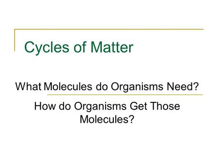 Cycles of Matter What Molecules do Organisms Need? How do Organisms Get Those Molecules?