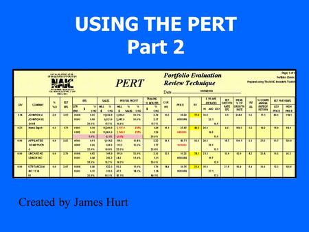 USING THE PERT Part 2 Created by James Hurt. What We Will Cover Last Month –Why use PERT –How to set up a portfolio using Toolkit This Month –How to read.