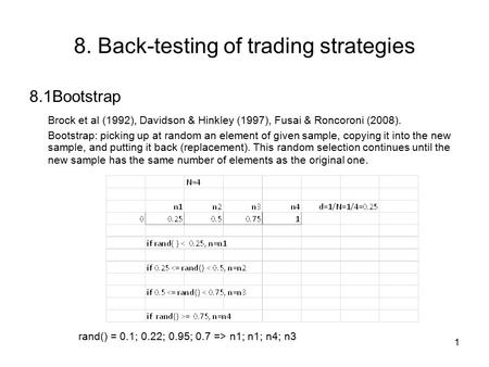 1 8. Back-testing of trading strategies 8.1Bootstrap Brock et al (1992), Davidson & Hinkley (1997), Fusai & Roncoroni (2008). Bootstrap: picking up at.