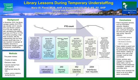 Background Methods Conclusions In November 2010, the library manager position (0.6 FTE) was vacated, and in January 2011 one librarian position (0.9 FTE)