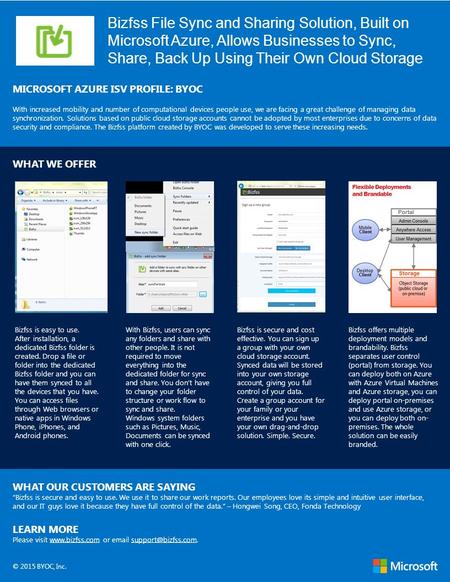 Bizfss File Sync and Sharing Solution, Built on Microsoft Azure, Allows Businesses to Sync, Share, Back Up Using Their Own Cloud Storage MICROSOFT AZURE.