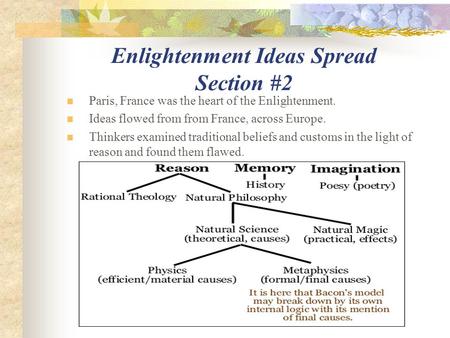 Enlightenment Ideas Spread Section #2 Paris, France was the heart of the Enlightenment. Ideas flowed from from France, across Europe. Thinkers examined.